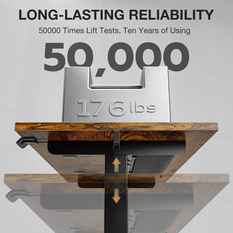 Close-up of a rustic brown Electric Standing Desk With Easy Height Adjust, showing 176 lb capacity label and lift mechanism.