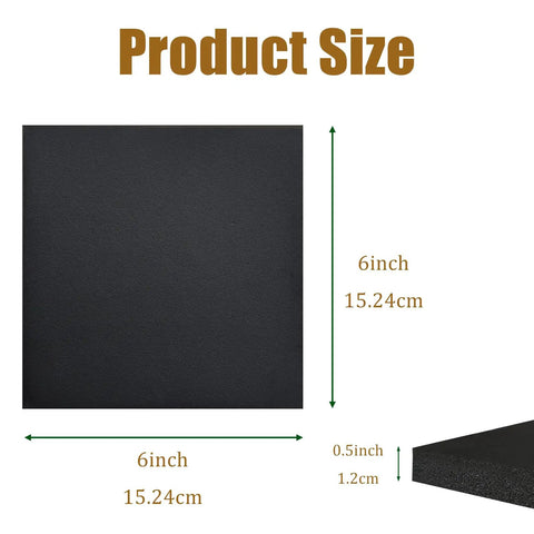 Four Pack Real Heavy Duty Neoprene Foam Self Adhesive Pads 6 By 6 Inches Half Inch Thick, showing product size details.