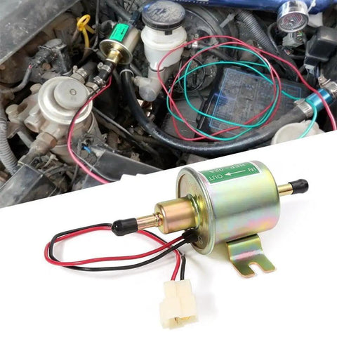 12V Electric Fuel Pump Kit Universal For Carburetor Engines With 6.56 Feet 5/16 Inch ID Fuel Line Filters And 10 Hose Clamps 2.5 To 4 PSI Output installed in vehicle engine bay