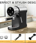 No Fuss Twenty Bar Semi Automatic Espresso Machine With Slick Touch Panel Controls and milk frother on wooden counter