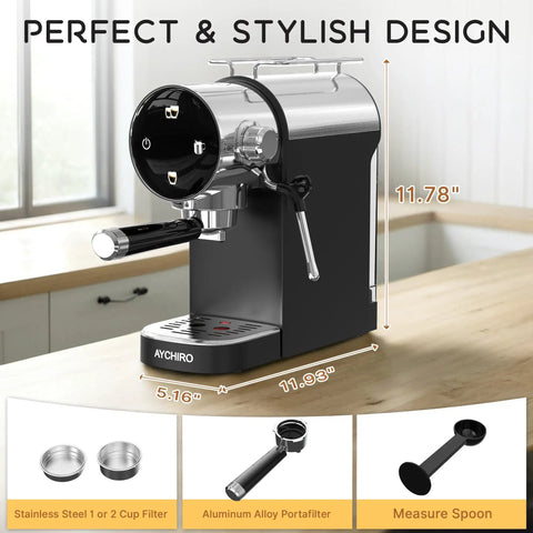 No Fuss Twenty Bar Semi Automatic Espresso Machine With Slick Touch Panel Controls and milk frother on wooden counter