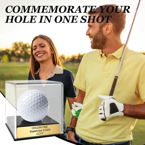Hole In One Golf Display Case With Acrylic Ball Holder And Custom Engraved Plaque Go-To Gift For The Golfer Golden Finish