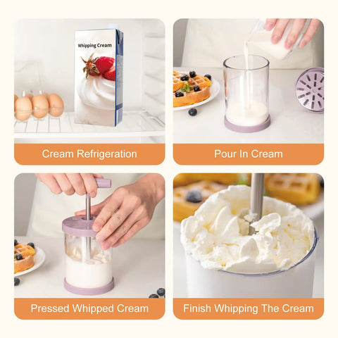 Handheld Manual Whipping Cream Dispenser No Battery Needed For Quick Whipped Cream In 60 Seconds Non Slip Silicone Base Professional Cream Maker For Desserts Coffee Milk Froth Purple in use, showing steps to whip cream manually.