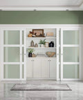 Sliding Closet Door 112x80 Inches Bypass Frosted Glass 3 Lite With Hardware Kit Included Preassembled MDF With PVC Panels White Easy Install and Privacy Diffusion for Modern Bedrooms and Walk In Closets