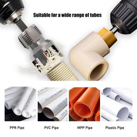 Pro Grade PPR Pipe Threading and Reaming Tool Kit for Plumbing Projects shown with PVC and plastic pipe examples.