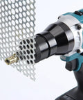 Close-up of Heavy Duty Dual Purpose Cordless Electric Rivet And Nut Gun Tool Featuring Smart Memory Chip and Amped Up Lithium Pack at work on metal sheet.