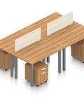 Top Shelf Four Person Team Office Workstation Cluster With Four Heavy Duty Locking Mobile Pedestals And Clear Acrylic Privacy Panels In Pro Grade American Walnut Laminate Finish, overhead view showcasing workstations with privacy panels.