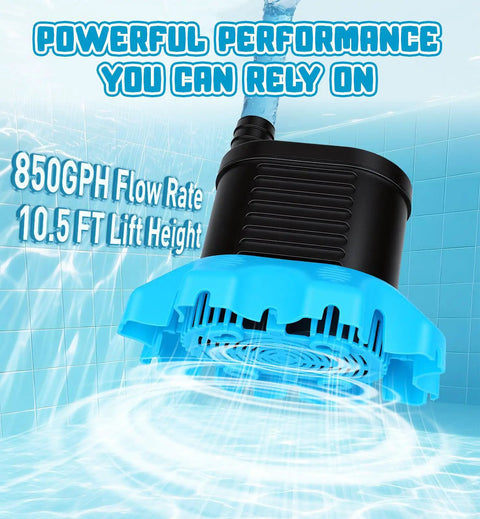 850 GPH Submersible Pool Cover Pump With 30 Inch Power Cord And Adapters, fast water removal, 360-degree intake view in action