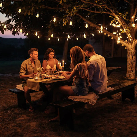 Outdoor String Lights 240 Ft Waterproof Patio Lights With 124 Shatterproof ST38 Edison Bulbs Warm White 2700K Dimmable at dinner scene