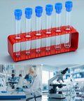 Two Rack Laboratory Test Tube Set With Airtight Caps And 12 Transparent Plastic Tubes For Experiments, Science Party Decor, Storage And DIY Lab Projects For Home Lab Use And Science Class on a lab table with scientist and microscope.
