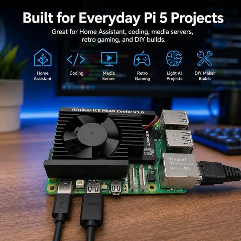 Keep Your Rig Ice Cold On Raspberry Pi Five Boards With This Quiet Active Cooler Featuring A Slim Aluminum Heatsink And Pre Applied Thermal Pads For Steady Chill On Four And Eight Gigabyte Sets During Heavy Computing Grinds. Raspberry Pi 5 setup with ICE PEAK cooler, showcasing fan and heat sink.