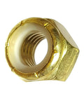 Heavy Duty Hangs Tough Brass Hex Lock Nuts With Nylon Insert Elastic Stop Design 50 Pack close-up view showing internal threads.