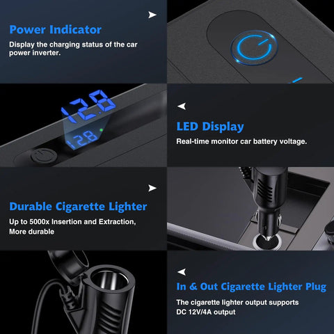 300W Car Power Inverter With Dual 110V AC Outlets And Heavy Duty Cigarette Lighter Plug Adapter, features LED display and power indicator.