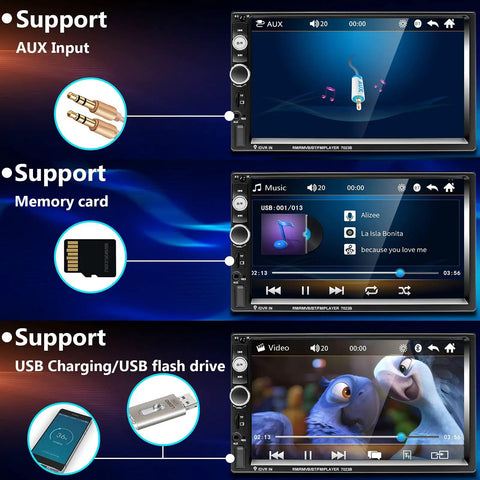 Double Din Car Stereo With 7 Inch HD Touch Screen Bluetooth Handsfree Mirror Link USB SD FM Radio Backup Camera And Wireless Steering Wheel Control showing AUX input, memory card, and USB support features.