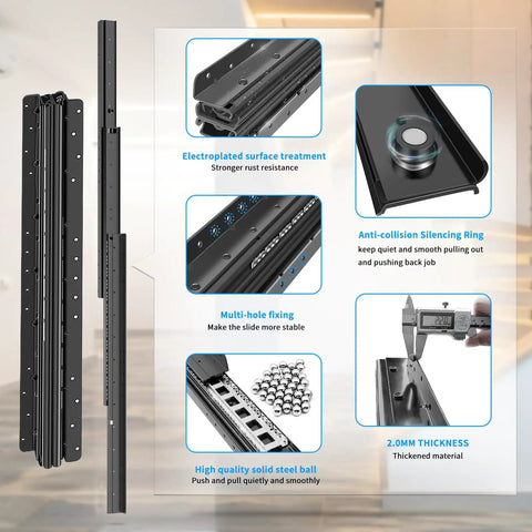 Infographic showcasing Built Tough Heavy Duty Undermount Drawer Slides 32 Inch Full Extension Ball Bearing Bottom with features