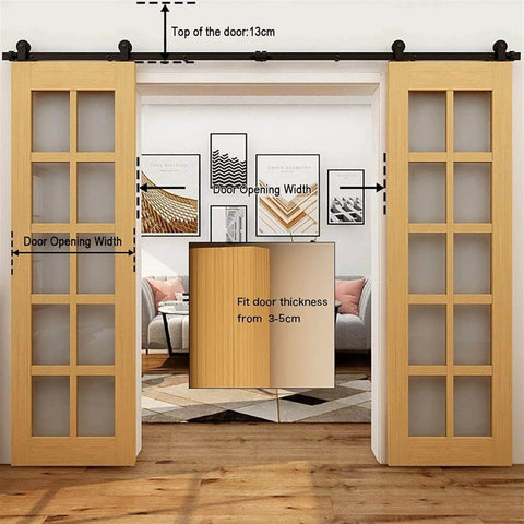 Image of Heavy Duty Sliding Barn Door Hardware Kit For Double Doors, Bypass Rail System, installed over a doorway.