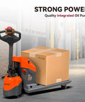 Aequanta Full Electric Pallet Jack, Heavy Duty 3900 Lb Load Capacity Mini Pallet Truck With Built In Battery, Ultra Compact Design for narrow spaces transporting a cardboard box.