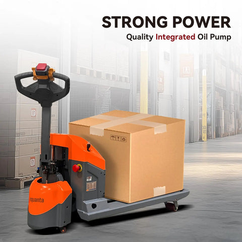 Aequanta Full Electric Pallet Jack, Heavy Duty 3900 Lb Load Capacity Mini Pallet Truck With Built In Battery, Ultra Compact Design for narrow spaces transporting a cardboard box.