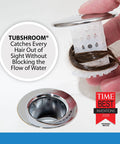 Chrome Tub Drain Hair Catcher 2 Pack for 1.5 to 1.75 Inch Tub and Shower Drains shown with trapped hair in chrome finish.