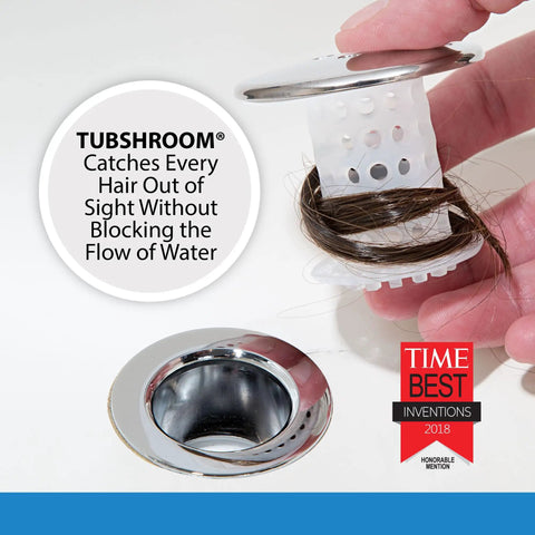 Chrome Tub Drain Hair Catcher 2 Pack for 1.5 to 1.75 Inch Tub and Shower Drains shown with trapped hair in chrome finish.
