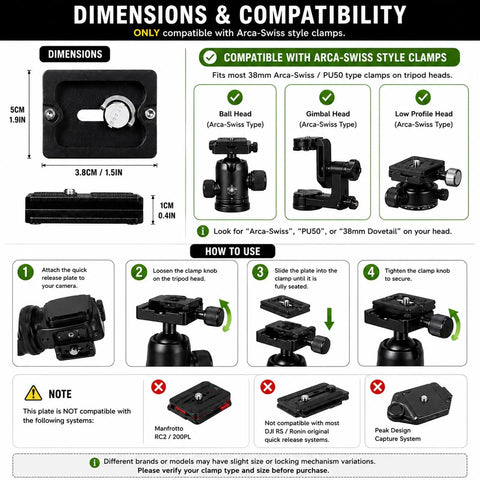 Two Pack Aluminum Quick Release Plates With One Quarter Twenty Camera Screws For DSLR Tripod Mounts, dimensions and compatibility guide