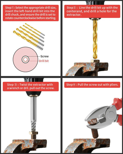 Steps to use 16 Piece Screw Extractor Set With Left Handed Drill Bits For Stripped Damaged Rusted Or Rounded Off Screws And Bolts