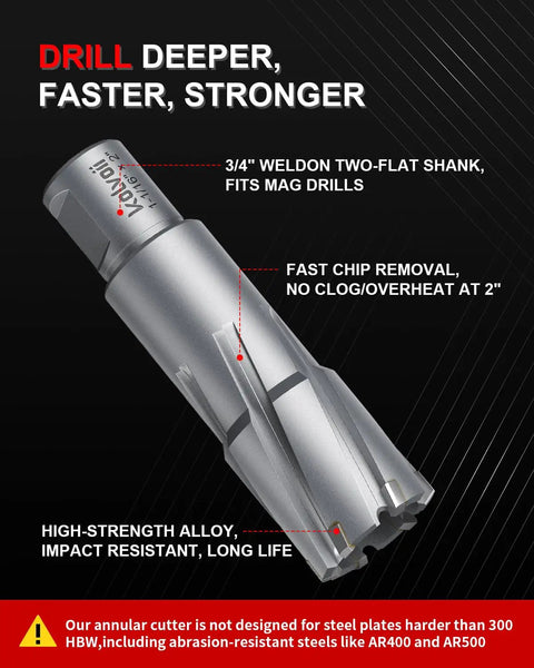 Heavy Duty TCT Annular Cutter 1 Inch Diameter With 2 Inch Depth Of Cut Magnetic Drill Bit Kit with a 3/4 inch Weldon shank, suitable for mag drills.