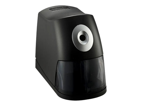 Desktop Electric Pencil Sharpener With HHC Cutter Technology, compact black design, front view, easy clean receptacle visible.