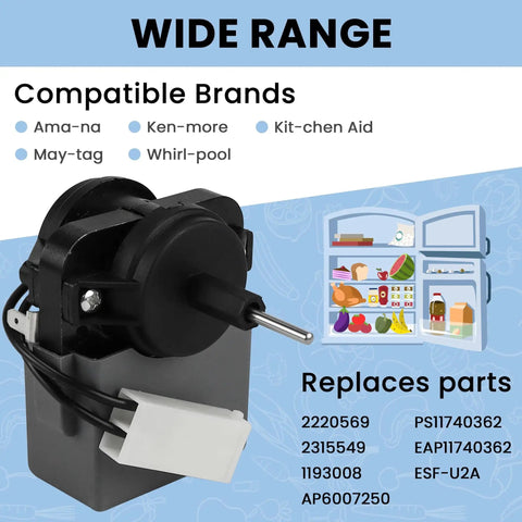 Refrigerator Evaporator Fan Motor For Whirlpool Kenmore Replacement Easy Install Replaces WP2315549 2220569 AP6007250