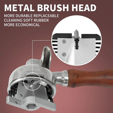 Metal brush head of the Absolute Knockout Electric Portafilter Cleaner And Automatic Espresso Puck Remover showing durability and replaceable parts.