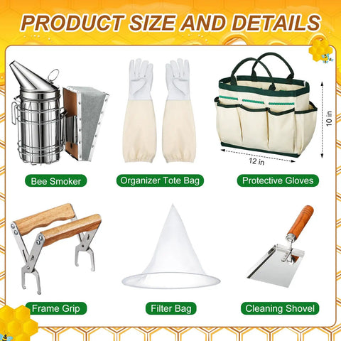Beekeeping Starter Kit 30 Pcs with bee smoker, organizer tote bag, protective gloves, frame grip, filter bag, cleaning shovel.