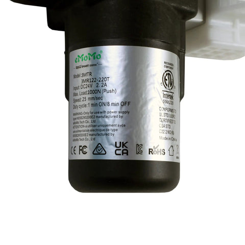 Close-up of Power Recliner Motor Replacement 3MR122 220T Emomo Actuator label showing model and specifications
