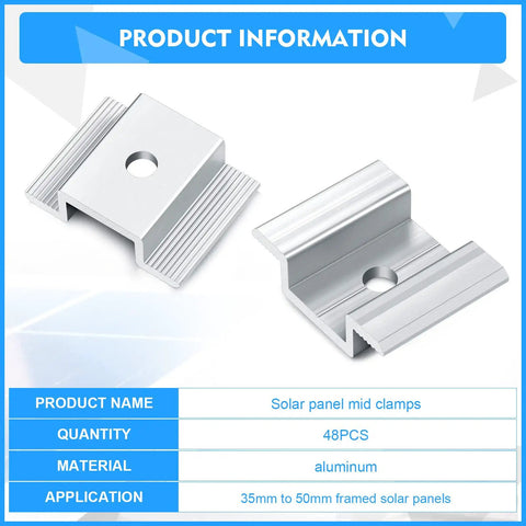 Heavy Duty Aluminum Solar Panel Mid Clamps 48 Pack 1.06 Inch Brackets for 35mm to 50mm framed solar panels.