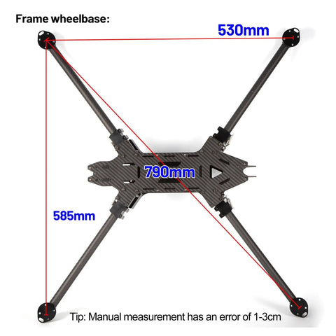 Carbon Foldable Drone Frame Kit With 17 Inch Wheelbase 790mm, top view with 3K carbon decks and CNC folding joints, dimensions labeled.
