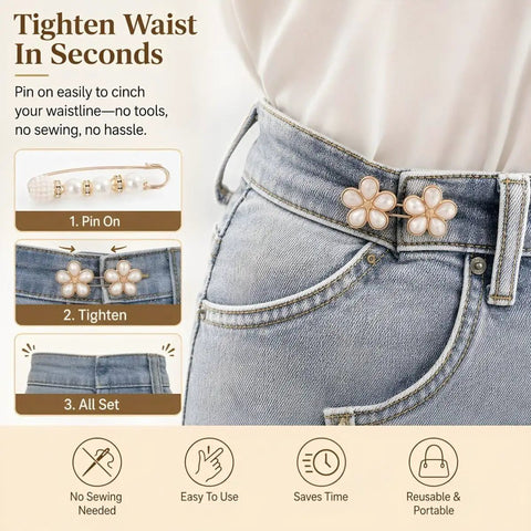 Ditch Tailor Bills And Snag These Pearl Pin Style Waist Tightening Clips For Jeans Dresses And Sweaters with floral design on waistband.