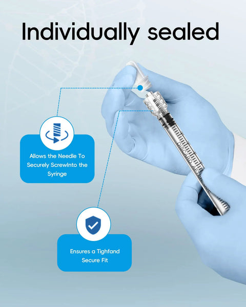 1ml Luer Lock Syringe Without Needle Pack Of 30 Sterile Plastic Syringes Individually Sealed For Lab Use Plant Cultivation Classroom Demos And Home Projects With Leakproof Top Luer Lock Smooth Plunger And Clear Markings, gloved hand showing syringe connection