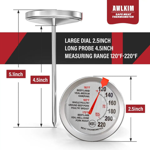 Analog Probe Meat Thermometer Two Pack No Batteries Needed 2.5 Inch Extra Large Dial 120 To 220 F Range NSF Certified