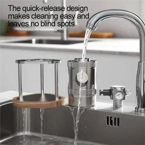 Pneumatic Air Pressure Coffee Machine With Manual Espresso Maker And Cold Brew Brewer Features Adjustable One To Sixteen Bar Hydraulic Gauge at sink with water running.