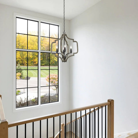 Atwood 23 Inch Four Light Farmhouse Pendant Light Chandelier in staircase, gray oak wood and sandblasted black finish