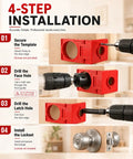 4-step installation guide for No Sweat Two In One Door Hinge And Lock Installation Jig with heavy duty aluminum router template.