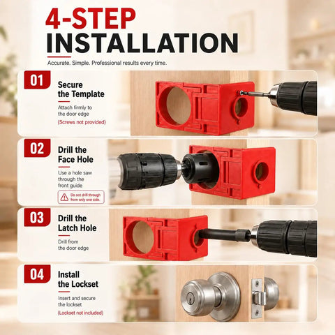 4-step installation guide for No Sweat Two In One Door Hinge And Lock Installation Jig with heavy duty aluminum router template.