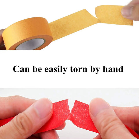 Person tearing red tape by hand, demonstrating Ten Pack Colorful Masking Tape Set Easy Tear, 1 Inch Wide By 13 Yards Each, 390 Feet Total.