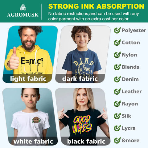 Models wearing printed T-shirts on light, dark, white, and black fabrics showcasing strong ink absorption for Matte DTF Transfer Film for Sublimation and DTG Printing, 8.3 x 11.7 Inch, 50 Sheets PET Direct to Film Paper for All DTF and DTG Printers, Easy Peel, Pro Grade, Works On Black White Light Dark Fabrics, Ideal T Shirt Transfers.