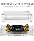 Heavy Duty ANL Fuse Holder With 50 Amp Inline Fuse Block For Car Audio Amplifier showcasing a 50A fuse beneath a clear plastic cover.