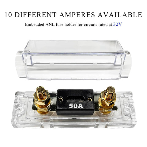 Heavy Duty ANL Fuse Holder With 50 Amp Inline Fuse Block For Car Audio Amplifier showcasing a 50A fuse beneath a clear plastic cover.