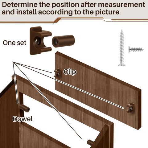 False Drawer Front Clips Set Dark Brown 8 Pieces With Screws installation diagram for furniture repair and cabinet assembly.