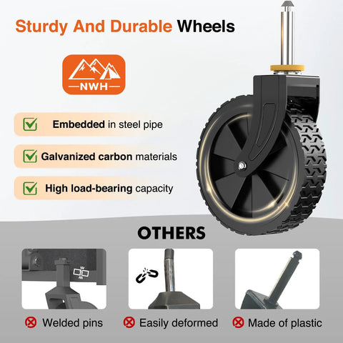 Close-up of durable wheel on Collapsible Wagon Cart With Wheels Foldable 360 Lb Dynamic Weight Capacity Large Portable Folding Utility Beach Wagon.