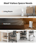 700W Oil Filled Radiator Heater With Adjustable Thermostat Two Heat Settings Overheat Protection Silent Operation Cozy Warmth Under Desk Space Heater For Bedroom And Office White Finish shown in living room, bedroom, and office settings