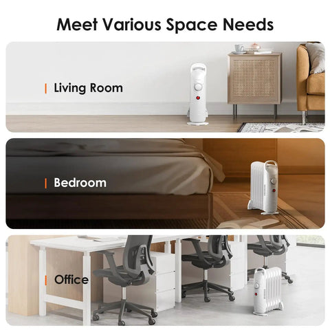 700W Oil Filled Radiator Heater With Adjustable Thermostat Two Heat Settings Overheat Protection Silent Operation Cozy Warmth Under Desk Space Heater For Bedroom And Office White Finish shown in living room, bedroom, and office settings