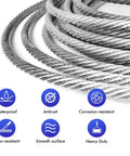 Close-up of Three Sixteenth Inch Wire Rope Zipline Cable 150 Foot Galvanized Steel Aircraft Cable with icons for durability features